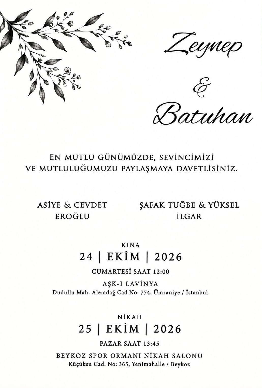 Zeynep ve Batuhan'ın basılı kına ve nikah davetiyesi