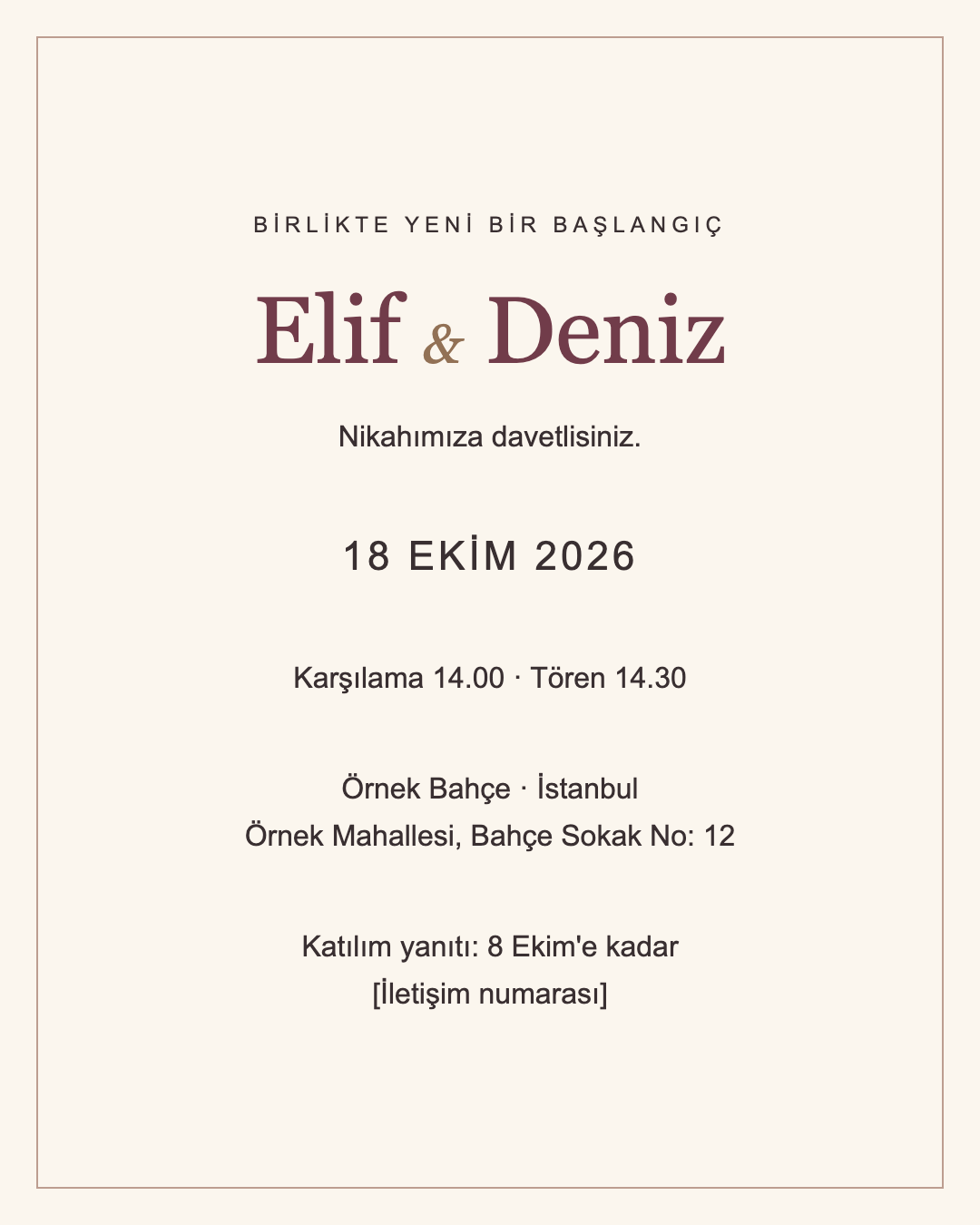 Krem zemin ve gül kurusu isimlerle davetiye yazı hiyerarşisi; tarih ve adres ayrı bloklarda